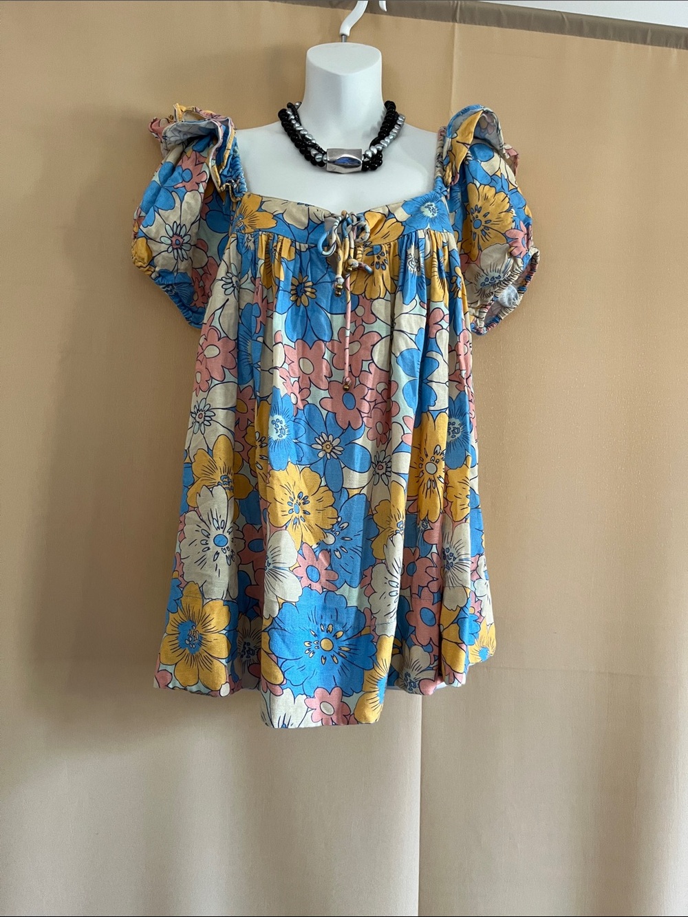 Free People Floral Puff-Sleeve Square-Neck Blouse in Blue, Yellow & Pink